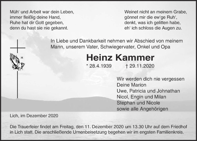  Traueranzeige für Heinz Kammer vom 03.12.2020 aus Licher Wochenblatt