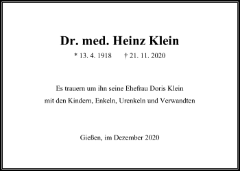 Traueranzeige von Heinz Klein von Giessener Allgemeine, Alsfelder Allgemeine