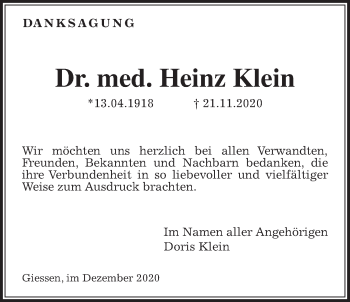 Traueranzeige von Heinz Klein von Giessener Allgemeine, Alsfelder Allgemeine