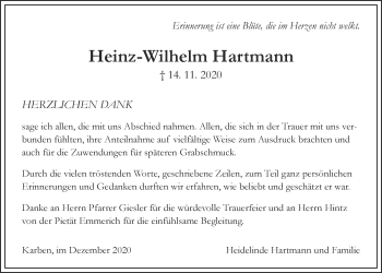 Traueranzeige von Heinz-Wilhelm Hartmann von Wetterauer Zeitung