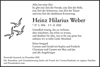 Traueranzeige von Heinz Hilarius Weber von Giessener Allgemeine, Alsfelder Allgemeine