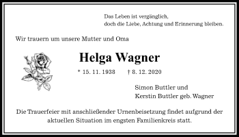 Traueranzeige von Helga Wagner von Wetterauer Zeitung