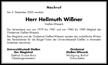 Traueranzeige von Hellmuth Wißner von Giessener Allgemeine, Alsfelder Allgemeine