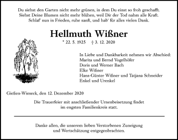Traueranzeige von Hellmuth Wißner von Giessener Allgemeine, Alsfelder Allgemeine