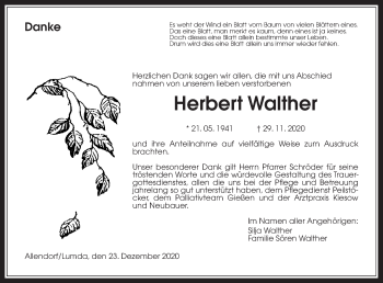 Traueranzeige von Herbert Walther von Giessener Allgemeine, Alsfelder Allgemeine