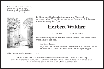 Traueranzeige von Herbert Walther von Giessener Allgemeine, Alsfelder Allgemeine