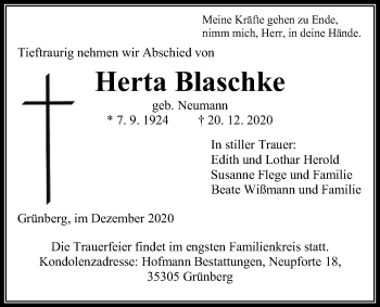 Traueranzeige von Herta Blaschke von Giessener Allgemeine, Alsfelder Allgemeine