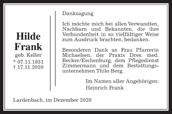 Traueranzeige von Hilde Frank von Giessener Allgemeine, Alsfelder Allgemeine