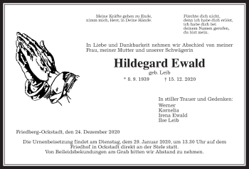 Traueranzeige von Hildegard Ewald von Wetterauer Zeitung