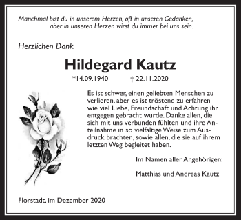 Traueranzeige von Hildegard Kautz von Wetterauer Zeitung