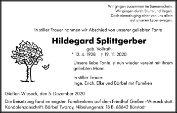 Traueranzeige von Hildegard Splittgerber von Giessener Allgemeine, Alsfelder Allgemeine