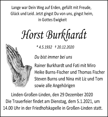 Traueranzeige von Horst Burkhardt von Giessener Allgemeine, Alsfelder Allgemeine