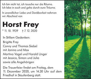 Traueranzeige von Horst Frey von Giessener Allgemeine, Alsfelder Allgemeine
