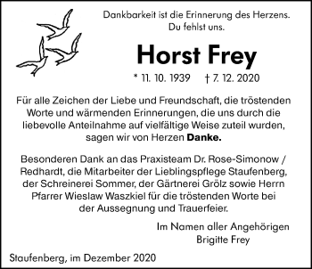 Traueranzeige von Horst Frey von Giessener Allgemeine, Alsfelder Allgemeine