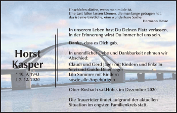 Traueranzeige von Horst Kasper von Wetterauer Zeitung