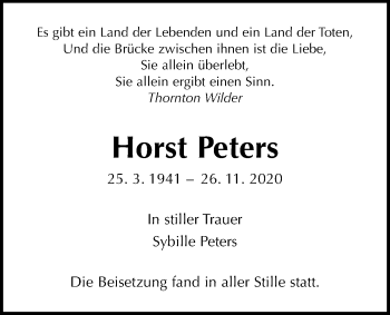 Traueranzeige von Horst Peters von Giessener Allgemeine, Alsfelder Allgemeine