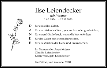 Traueranzeige von Ilse Leiendecker von Bad Vilbel/Karben