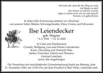 Traueranzeige von Ilse Leiendecker von Bad Vilbel/Karben