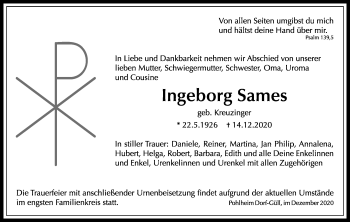 Traueranzeige von Ingeborg Sames von Giessener Allgemeine, Alsfelder Allgemeine