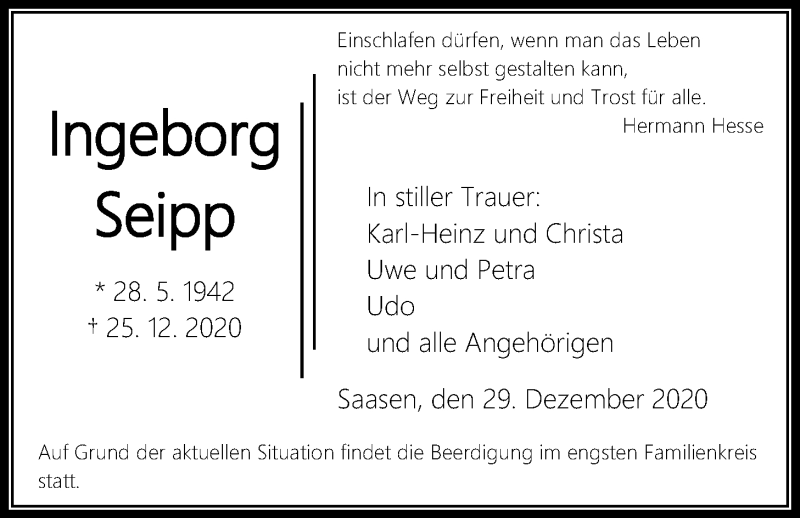  Traueranzeige für Ingeborg Seipp vom 29.12.2020 aus Giessener Allgemeine, Alsfelder Allgemeine