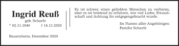 Traueranzeige von Ingrid Reuß von Wetterauer Zeitung