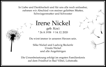 Traueranzeige von Irene Nickel von Bad Vilbel/Karben