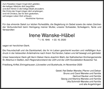 Traueranzeige von Irene Wanske-Häbel von Wetterauer Zeitung, Giessener Allgemeine, Alsfelder Allgemeine