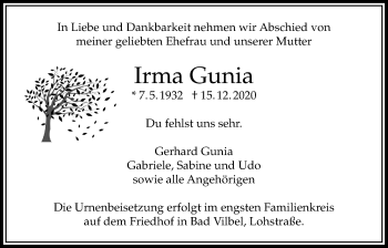 Traueranzeige von Irma Gunia von Bad Vilbel/Karben