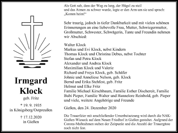 Traueranzeige von Irmgard Klock von Giessener Allgemeine, Alsfelder Allgemeine