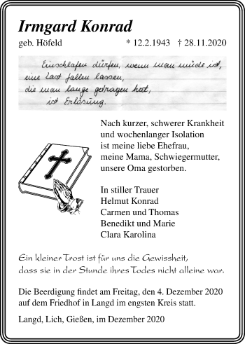 Traueranzeige von Irmgard Konrad von Licher Wochenblatt