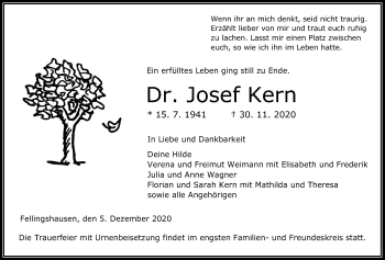 Traueranzeige von Josef Kern von Giessener Allgemeine, Alsfelder Allgemeine