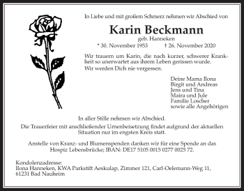 Traueranzeige von Karin Beckmann von Wetterauer Zeitung