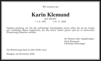 Traueranzeige von Karin Klemund von Giessener Allgemeine, Alsfelder Allgemeine