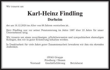 Traueranzeige von Karl-Heinz Findling von Wetterauer Zeitung