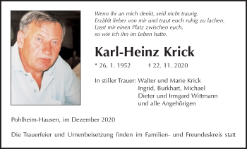 Traueranzeige von Karl-Heinz Krick von Giessener Allgemeine, Alsfelder Allgemeine