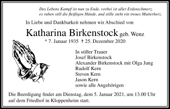Traueranzeige von Katharina Birkenstock von Bad Vilbel/Karben
