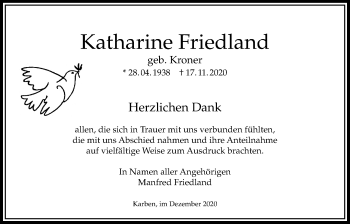 Traueranzeige von Katharine Friedland von Bad Vilbel/Karben