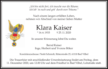 Traueranzeige von Klara Kaiser von Bad Vilbel/Karben