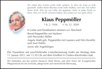 Traueranzeige von Klaus Peppmöller von Giessener Allgemeine, Alsfelder Allgemeine