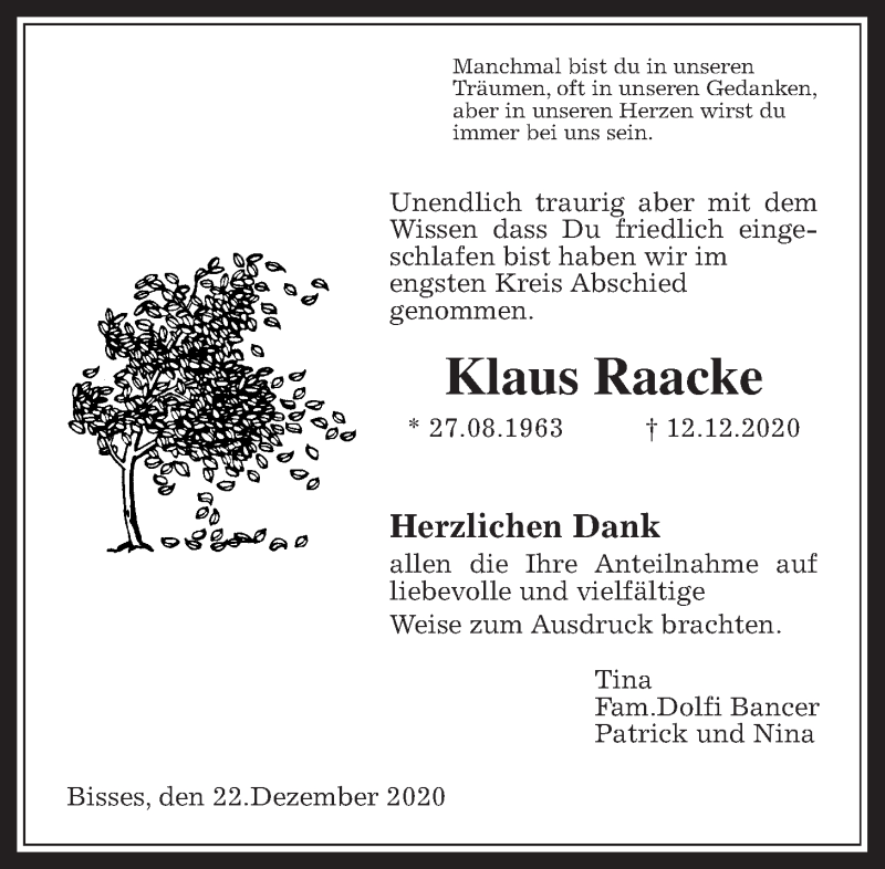  Traueranzeige für Klaus Raacke vom 22.12.2020 aus Wetterauer Zeitung