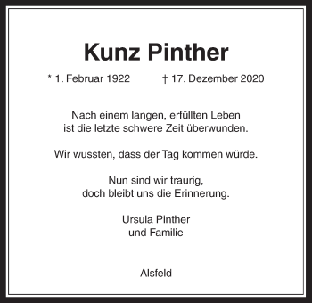 Traueranzeige von Kunz Pinther von Alsfelder Allgemeine