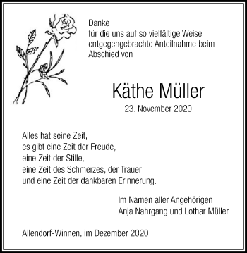 Traueranzeige von Käthe Müller von Allendorfer Mitteilungen, Rabenauer Zeitung