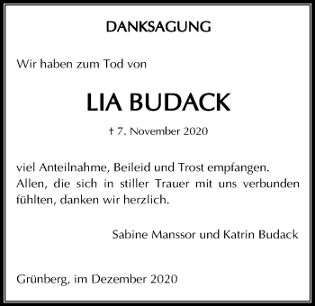 Traueranzeige von Lia Budack von Heimatzeitung Grünberg + Laubach