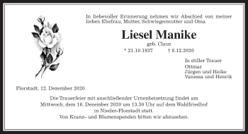 Traueranzeige von Liesel Manike von Wetterauer Zeitung