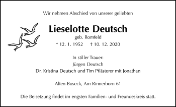 Traueranzeige von Lieselotte Deutsch von Giessener Allgemeine, Alsfelder Allgemeine