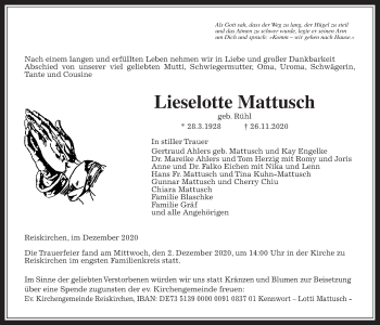 Traueranzeige von Lieselotte Mattusch von Reiskirchener Anzeiger