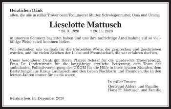 Traueranzeige von Lieselotte Mattusch von Reiskirchener Anzeiger