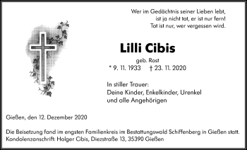 Traueranzeige von Lilli Cibis von Giessener Allgemeine, Alsfelder Allgemeine