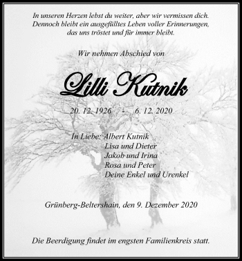 Traueranzeige von Lilli Kutnik von Giessener Allgemeine, Alsfelder Allgemeine