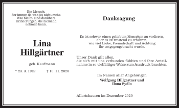 Traueranzeige von Lina Hillgärtner von Rabenauer Zeitung